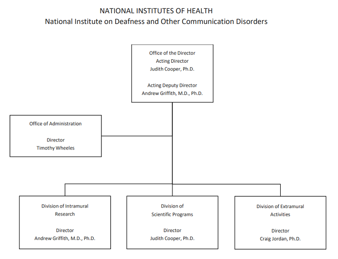 Organization chart depicting the management structure of the National Institute on Deafness and Other Communication Disorders. At the top is the Office of the Director