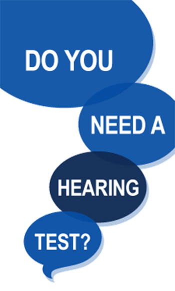 Vertical image with word bubbles reading: Do you need a hearing test? Take this quick quiz. Text below reads: A quiz for adults ages 18 to 64. The results of this quiz do not substitute for medical advice. Please see our disclaimer below.