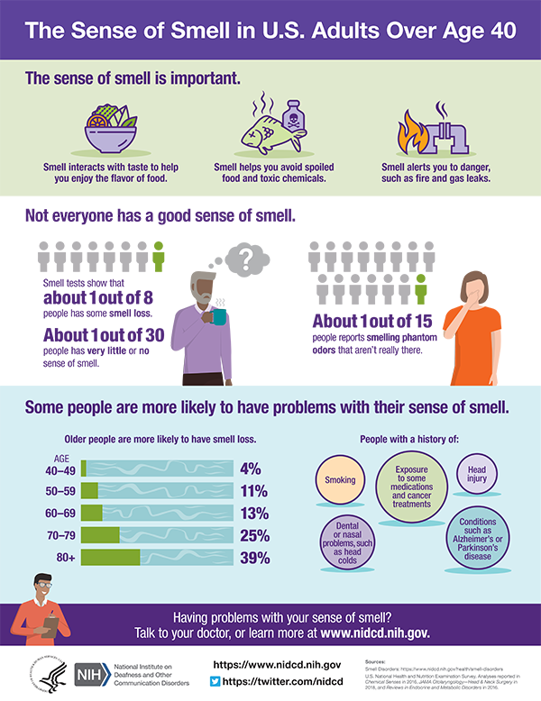 An infographic summarizing information and statistics on the sense of smell in U.S. adults over age 40.