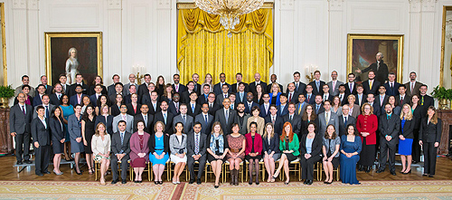 The NIDCD’s Katie Kindt, Ph.D., (second row, 7th from right), along with President Obama and the 104 other PECASE recipients.