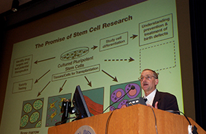 Dr. Jim Battey speaks at a podium in front of a projected slide labeled, “The promise of stem cell research,” and showing various research avenues offered by cultured pluripotent stem cells.