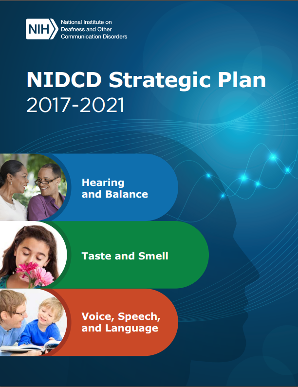 NIDCD Strategic Plan 2017-2021 cover showing 7 research areas: hearing, balance, taste, smell, voice, speech, and language.
