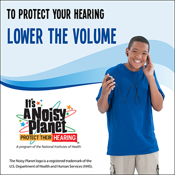 A preteen boy listening to a handheld music player with earbuds. Text reads: To protect your hearing, lower the volume.