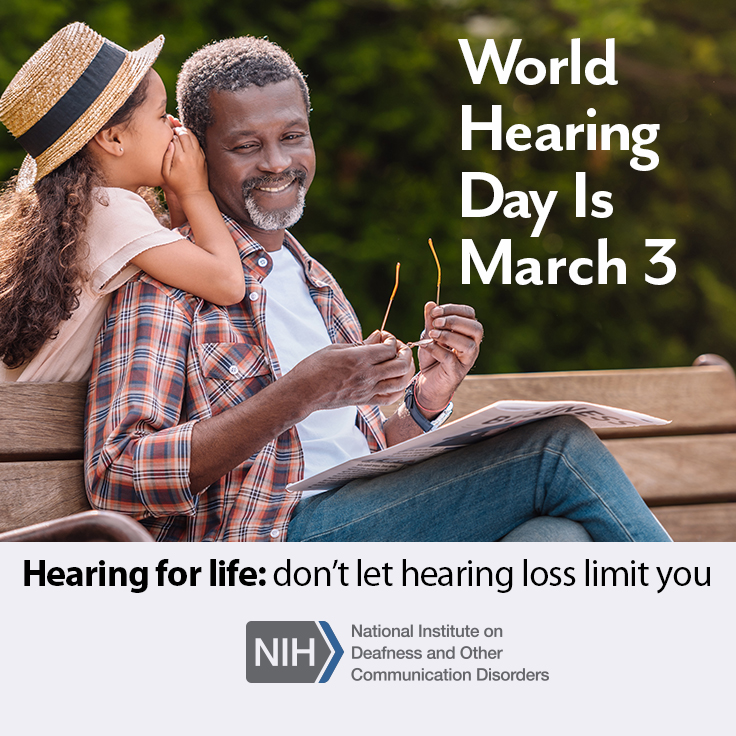 World Hearing Day is March 3. Image of a young girl whispering to her grandfather who is sitting on a park bench.