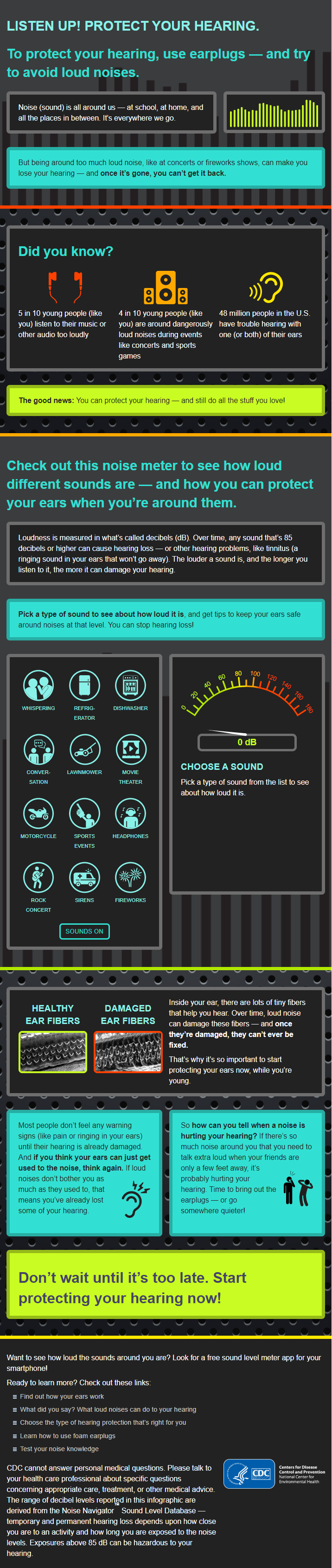 An infographic with icons of earphones, a stereo, and an ear used to represent various statistics. Additional icons are used to signify different types of sounds, such as whispering, sports events, and fireworks. A meter from 0 to 180 is used to represent the decibel level of each sound.