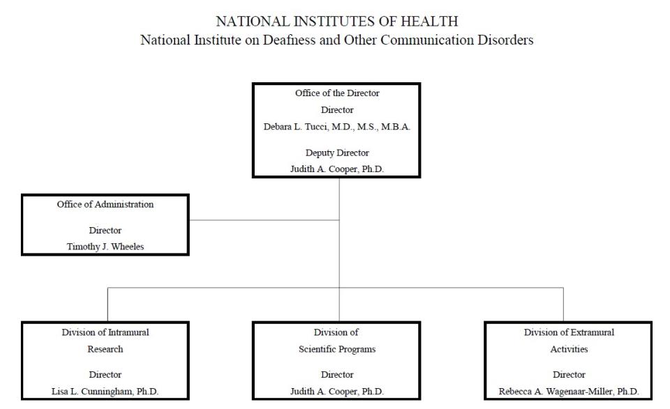 NATIONAL INSTITUES OF HEALTH, National Institute on Deafness and Other Communication Disorders. Office of the Director: Director, Debara L. Tucci, M.D., M.S., M.B.A.; Deputy Director, Judith A. Cooper, Ph.D.. Office of Administration: Director, Timothy J. Wheeles. Division of Intramural Research: Director, Lisa L. Cunningham, Ph.D.. Division of Scientific Programs: Director, Judith A. Cooper, Ph.D.. Division of Extramural Activities: Director, Rebecca A. Wagenaar-Miller, Ph.D.