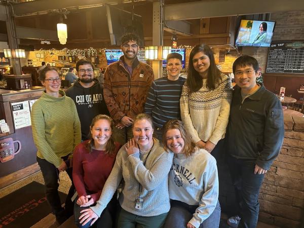 Lab staff from Katie Kindt’s lab gathered at a restaurant.