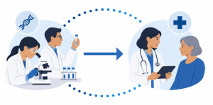 Illustration showing the translation of biomedical research into patient care