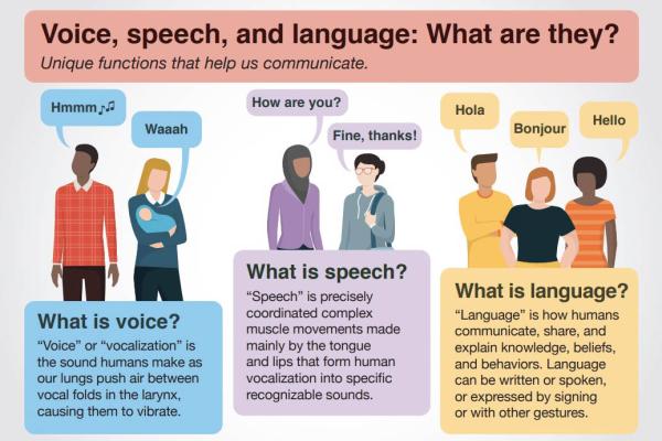 Infographic titled “Voice, Speech, and Language: What are they?